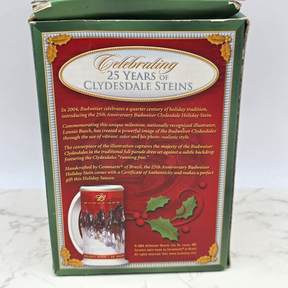 BUDWEISER Holiday Beer Stein 25th Anniversary 2004 CLYDESDALE Horse with COA New - Picture 11 of 16